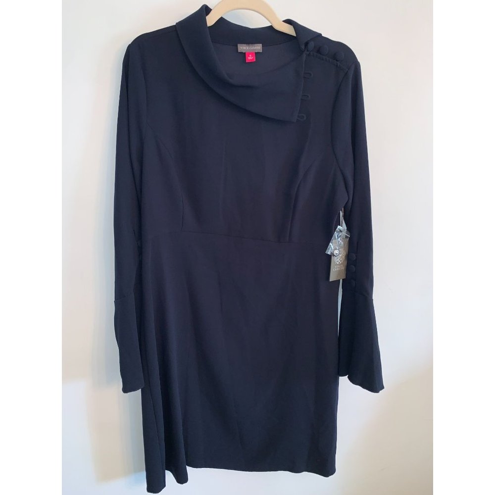 New Vince Camuto Dress Womens 12 Navy Buttoned Cowl Neck Flare Cuff Long Sleeve